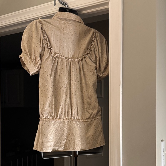 Silk Neutral Button-Up Blouse with Ruffle - Picture 8 of 9